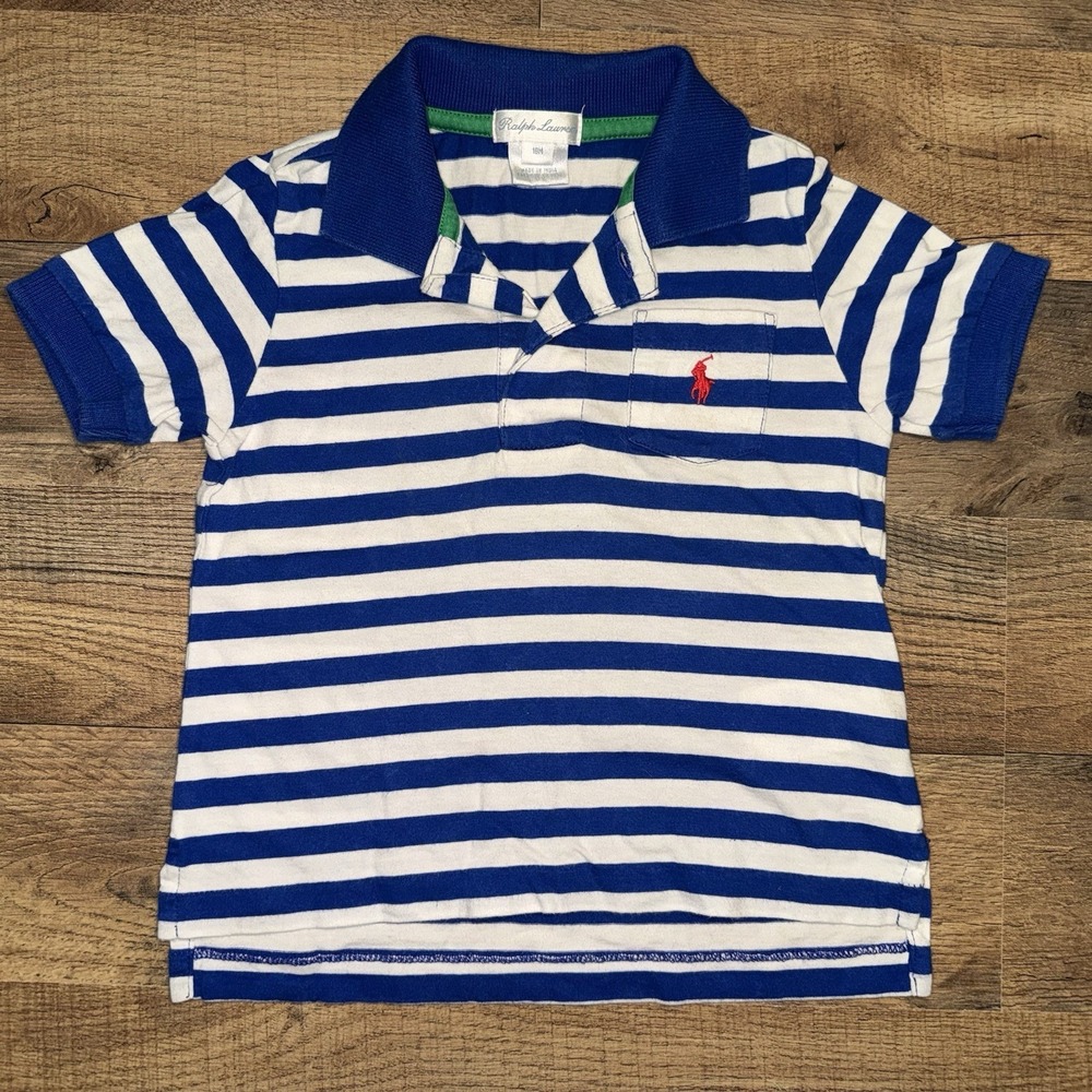Ralph Lauren Blue White Striped Polo Shirt Red Pony Chest Pocket 18 Month